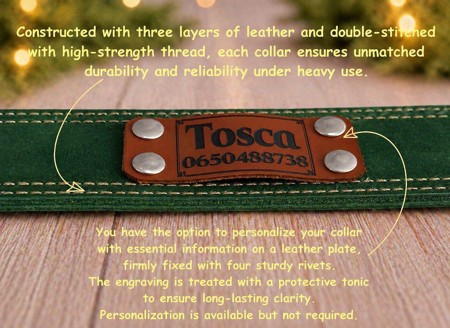 Green leather collar with a Tosca brand label and text about durability and personalization.