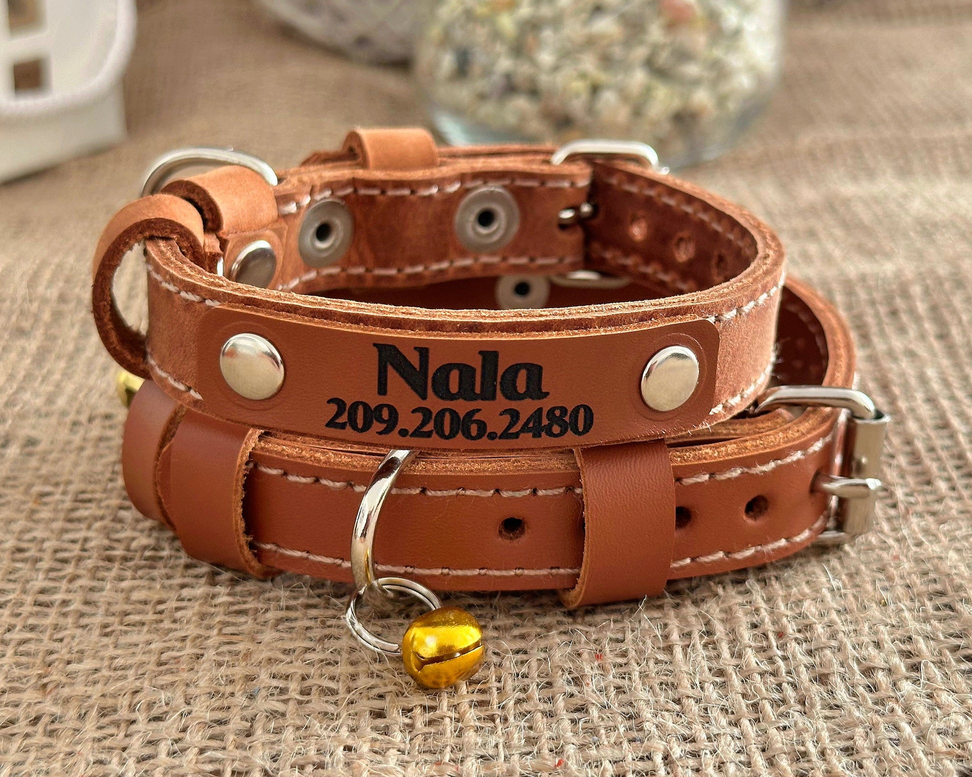Luxury leather cat collar with nameplate, ideal for small pets and kittens.