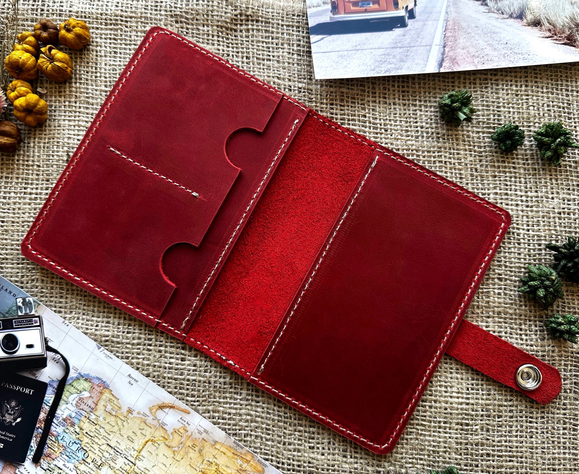 Red leather passport wallet