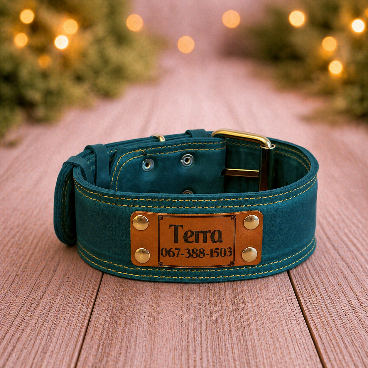 Teal dog collar with gold tag on a wooden surface with blurred lights in the background