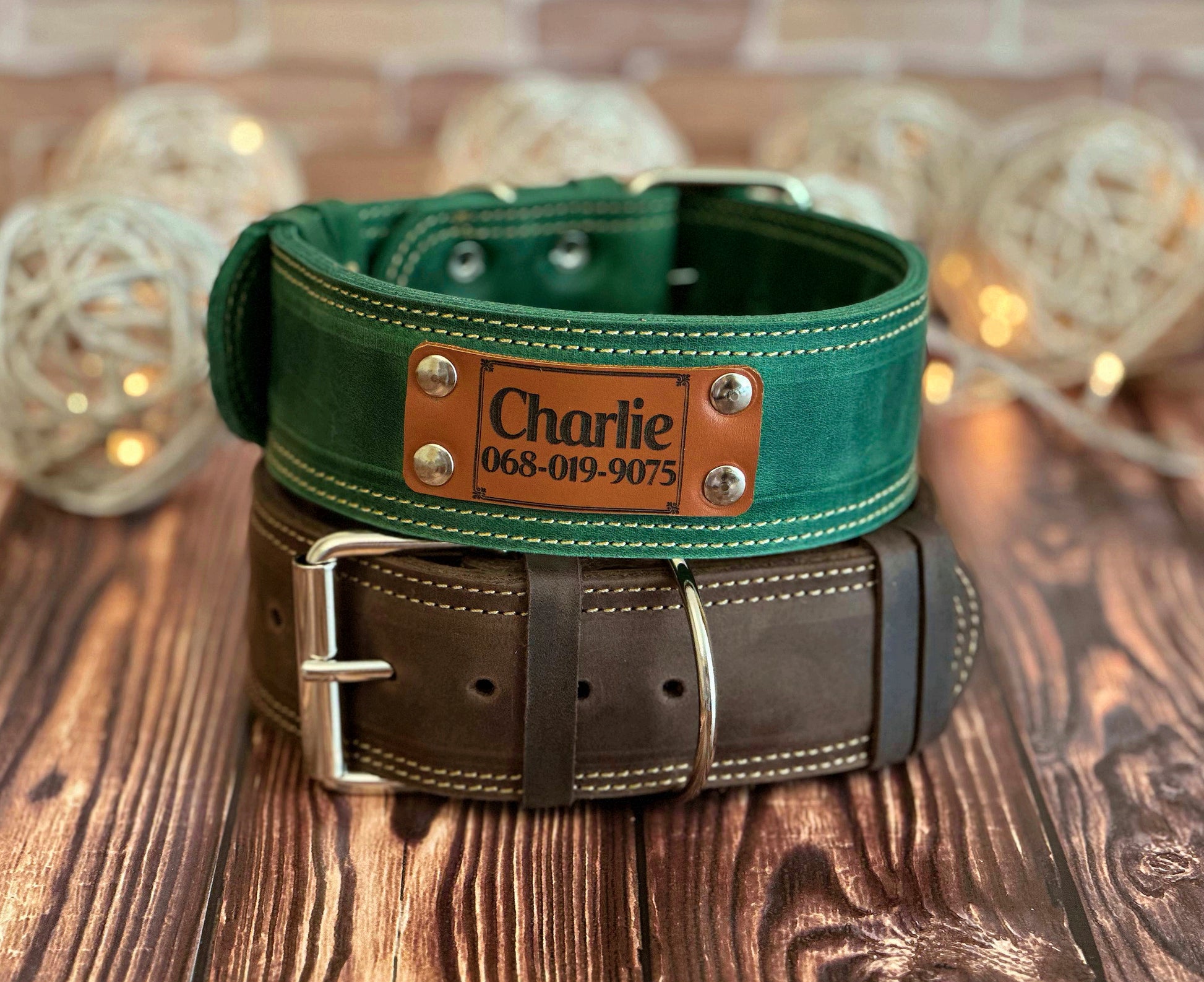 Sturdy wide 2-inch custom leather dog collar with reinforced stitching, perfect for dogs of all sizes.