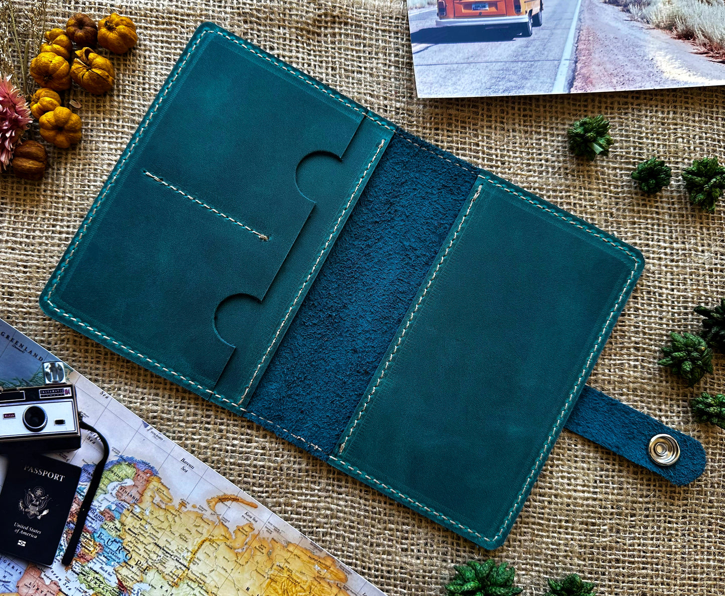 Turquoise leather passport wallet