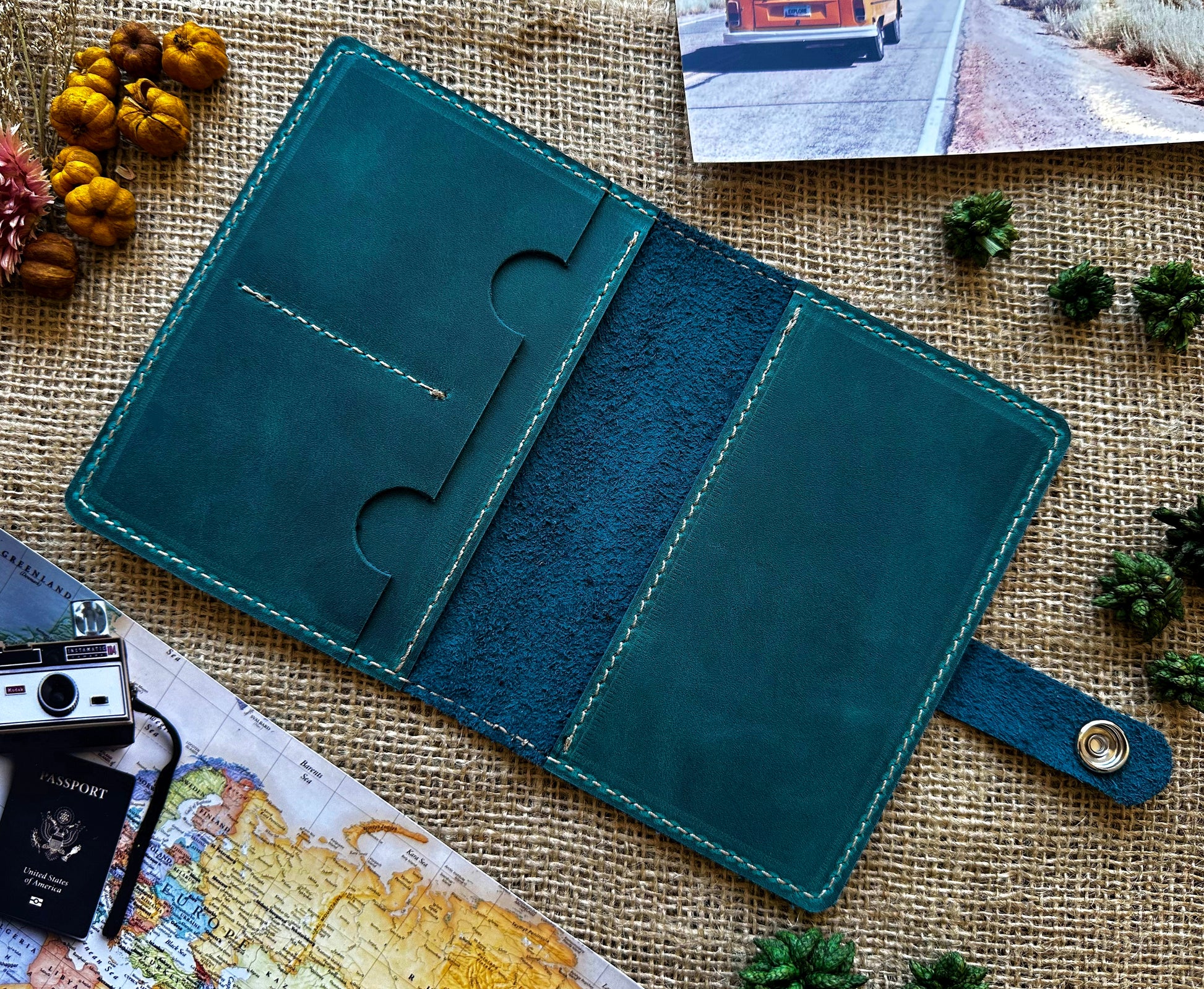 Turquoise leather passport wallet