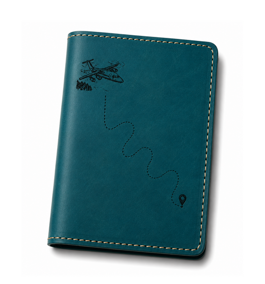 A teal blue leather passport cover featuring a black engraved airplane and map route illustration, with light beige contrast stitching, shown on a white background with a soft shadow.