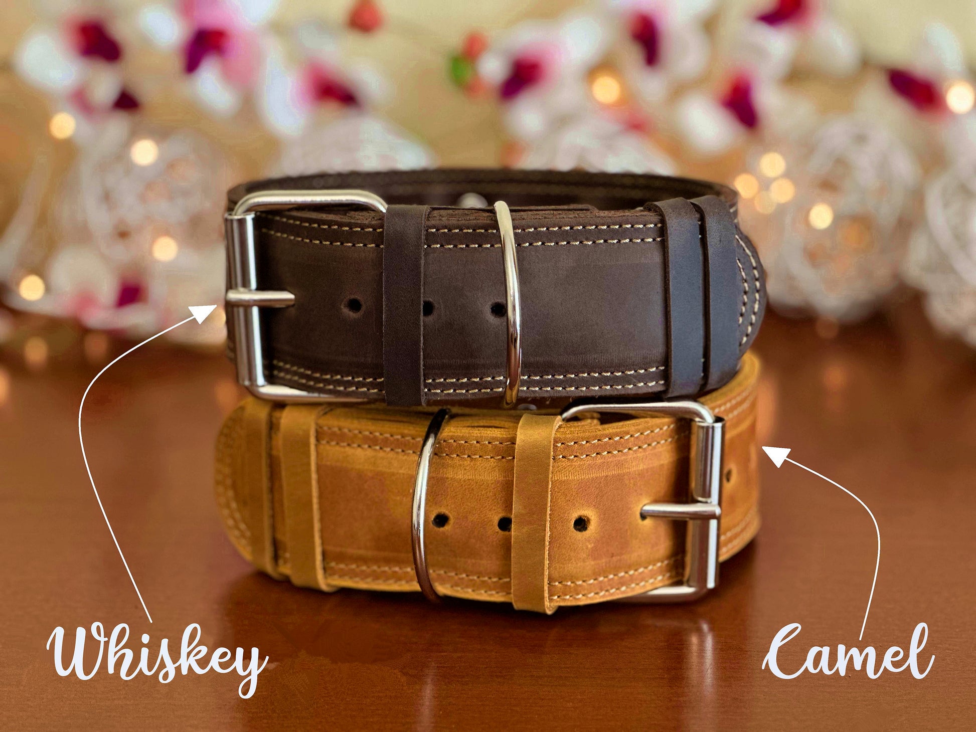 Wide 2-inch heavy-duty leather dog collar with adjustable fit and personalized name engraving, built to last.