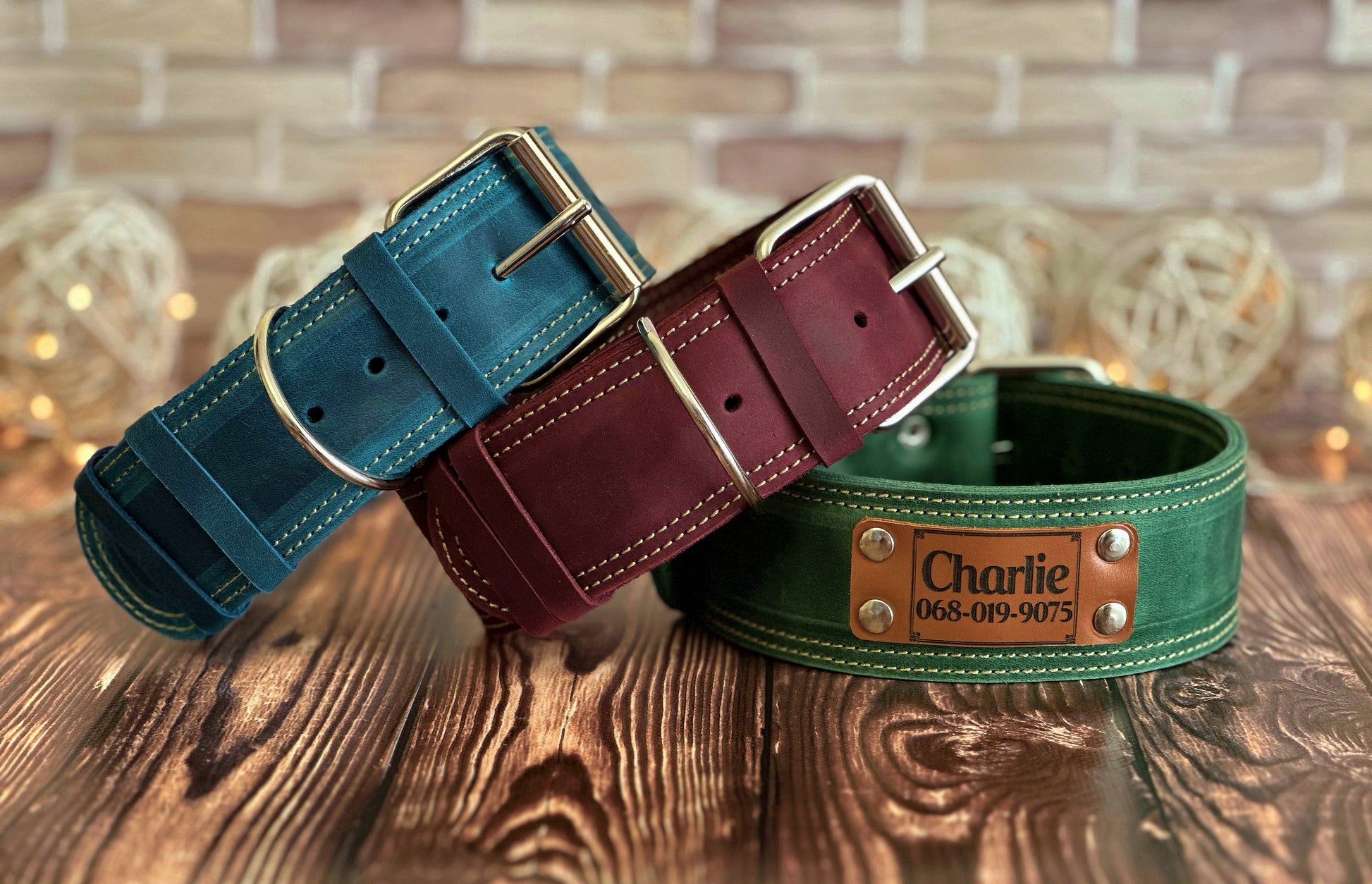 Wide custom 2-inch heavy-duty leather dog collar with personalized nameplate, perfect for all breeds.